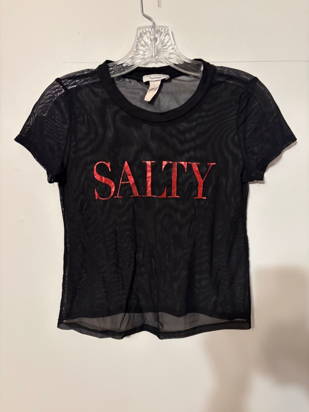 TeenBell Black Mesh Short Sleeve Tee with Red SALTY Appliqué. Small. Beach cover